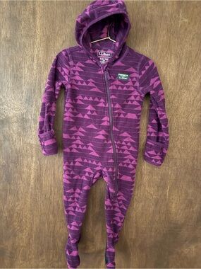 L.L. Bean Purple Geometric Fleece Hooded Footed One-Piece